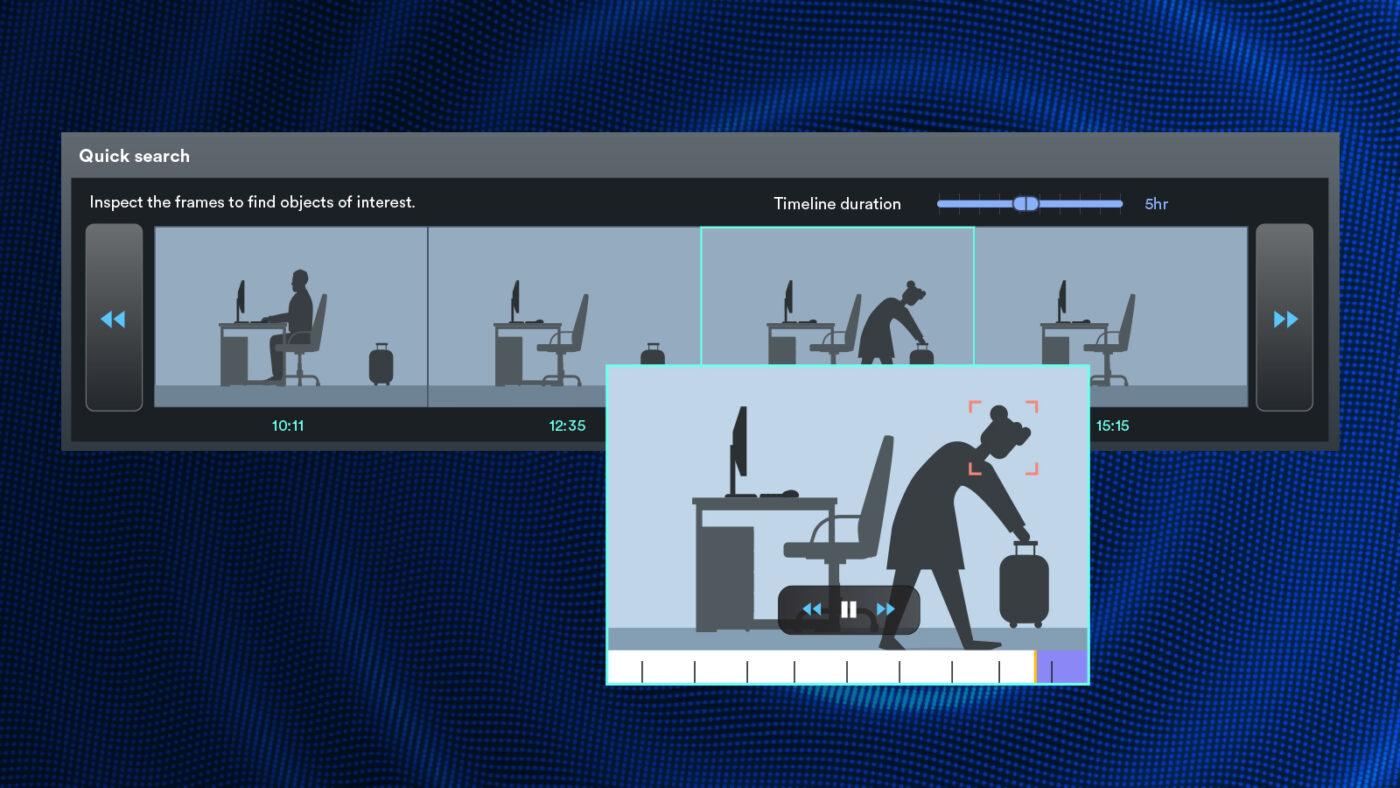 Interface de recherche rapide dans Security Center 5.13 montrant des images de surveillance. Elle permet d'inspecter les séquences pour identifier des objets d'intérêt, comme une valise laissée près d'un bureau. La capture met en évidence une personne interagissant avec l'objet.